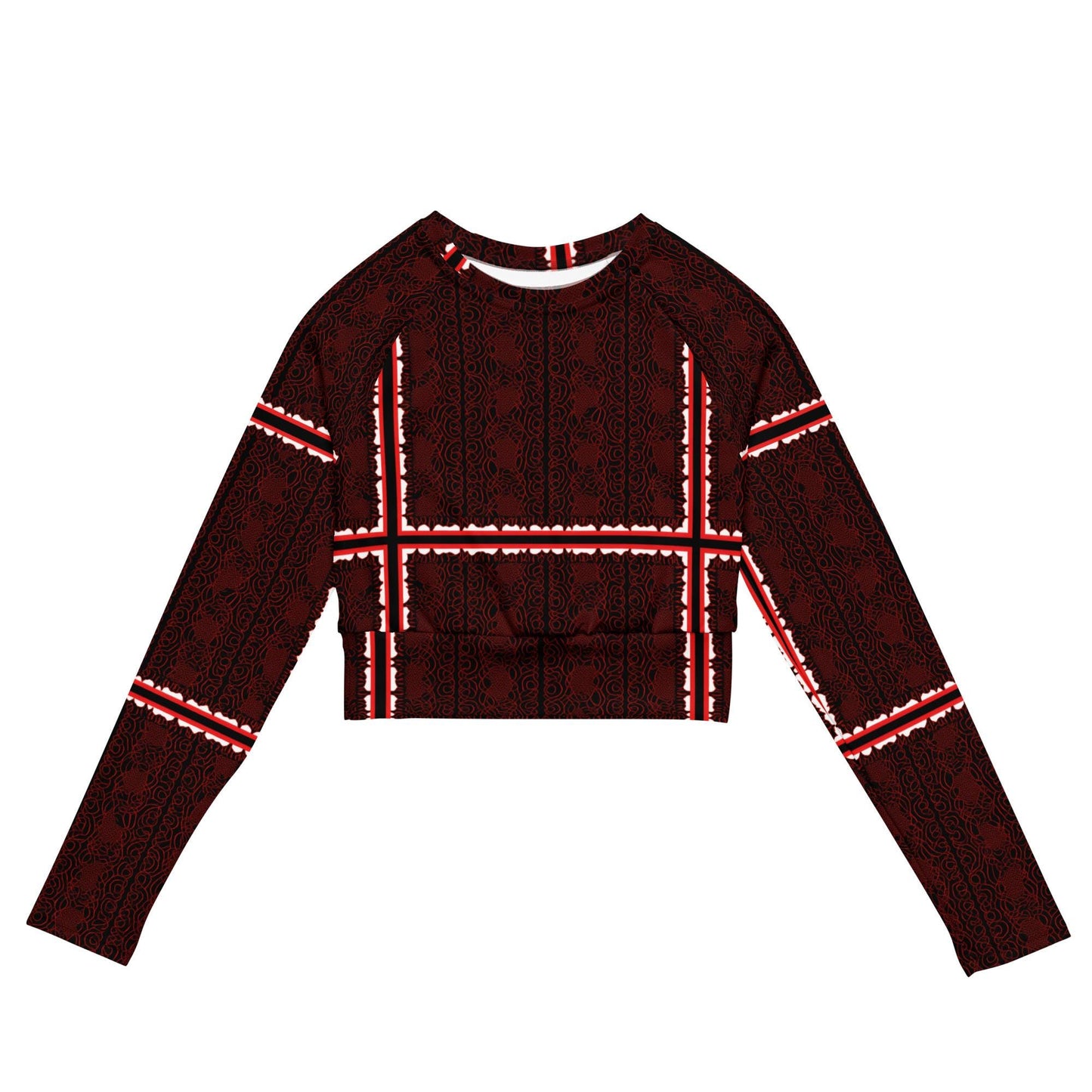 Burgundy Crop Top | Geometric Grid, Long Sleeve Fall Fashion