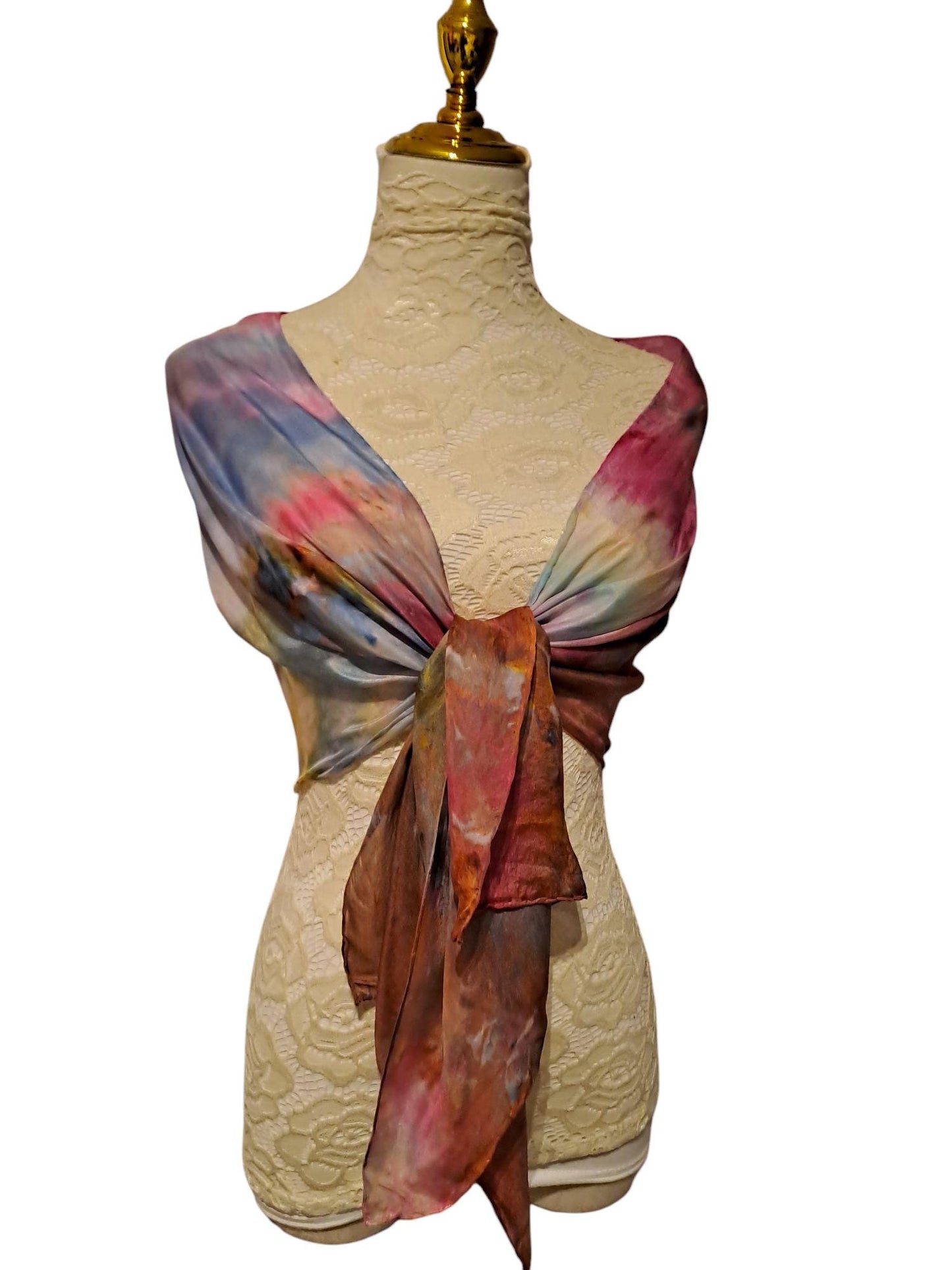 Ice-Dyed Long Scarf: Bronze & Blue Lightweight Soft Shawl