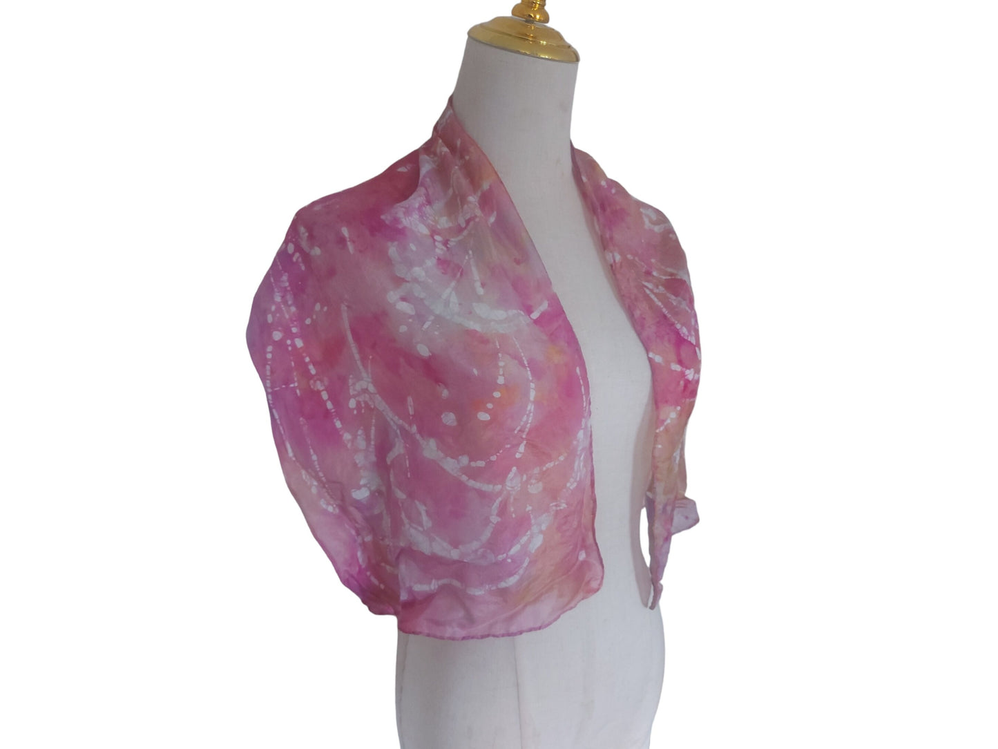 Handmade Pink & Gold Silk Scarf: Ice Dyed Batik