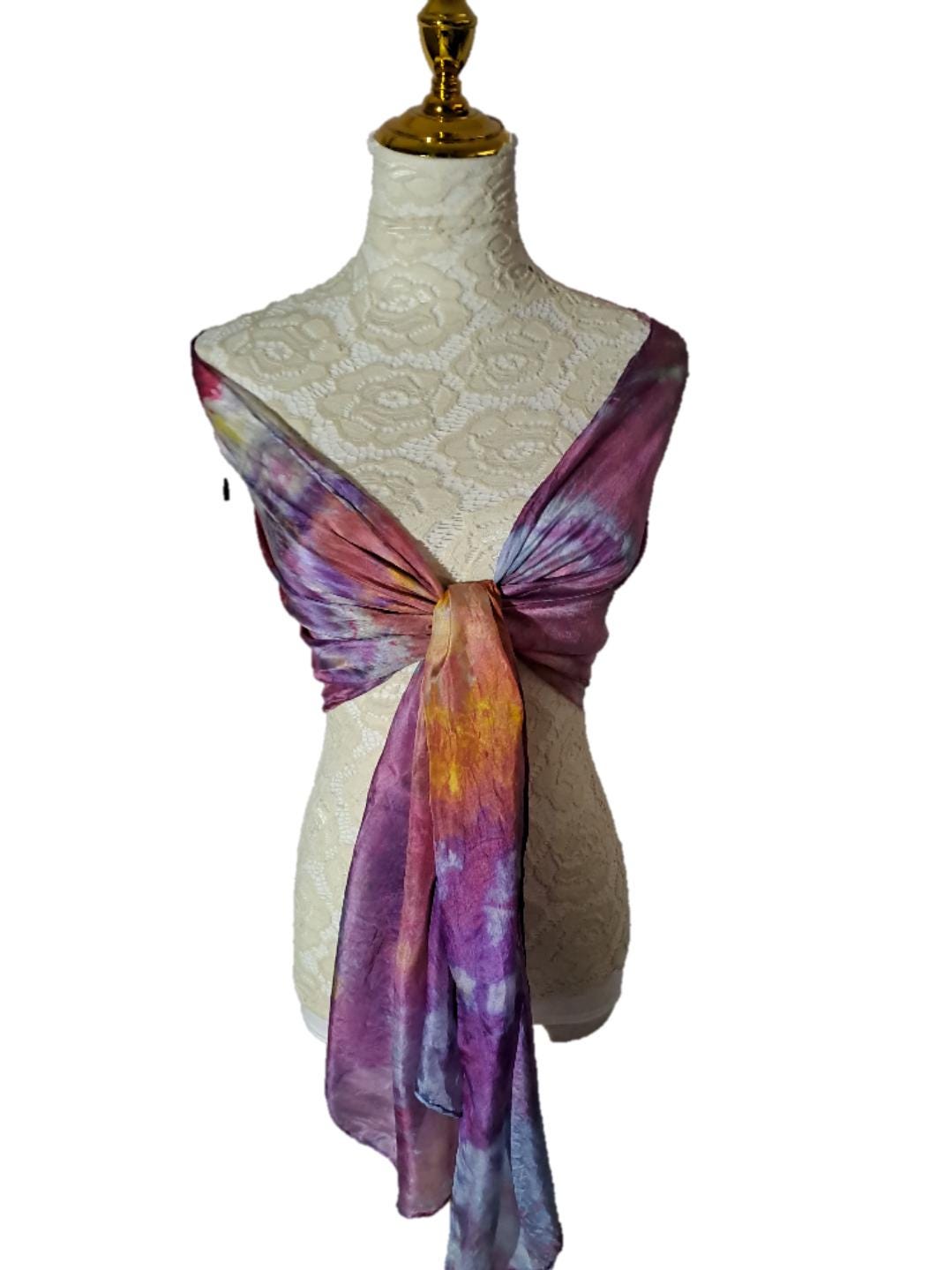 Hand Dyed Silk Scarf: Purple Orange Watercolor Boho Shawl
