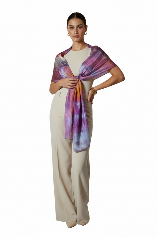 Hand Dyed Silk Scarf: Purple Orange Watercolor Boho Shawl