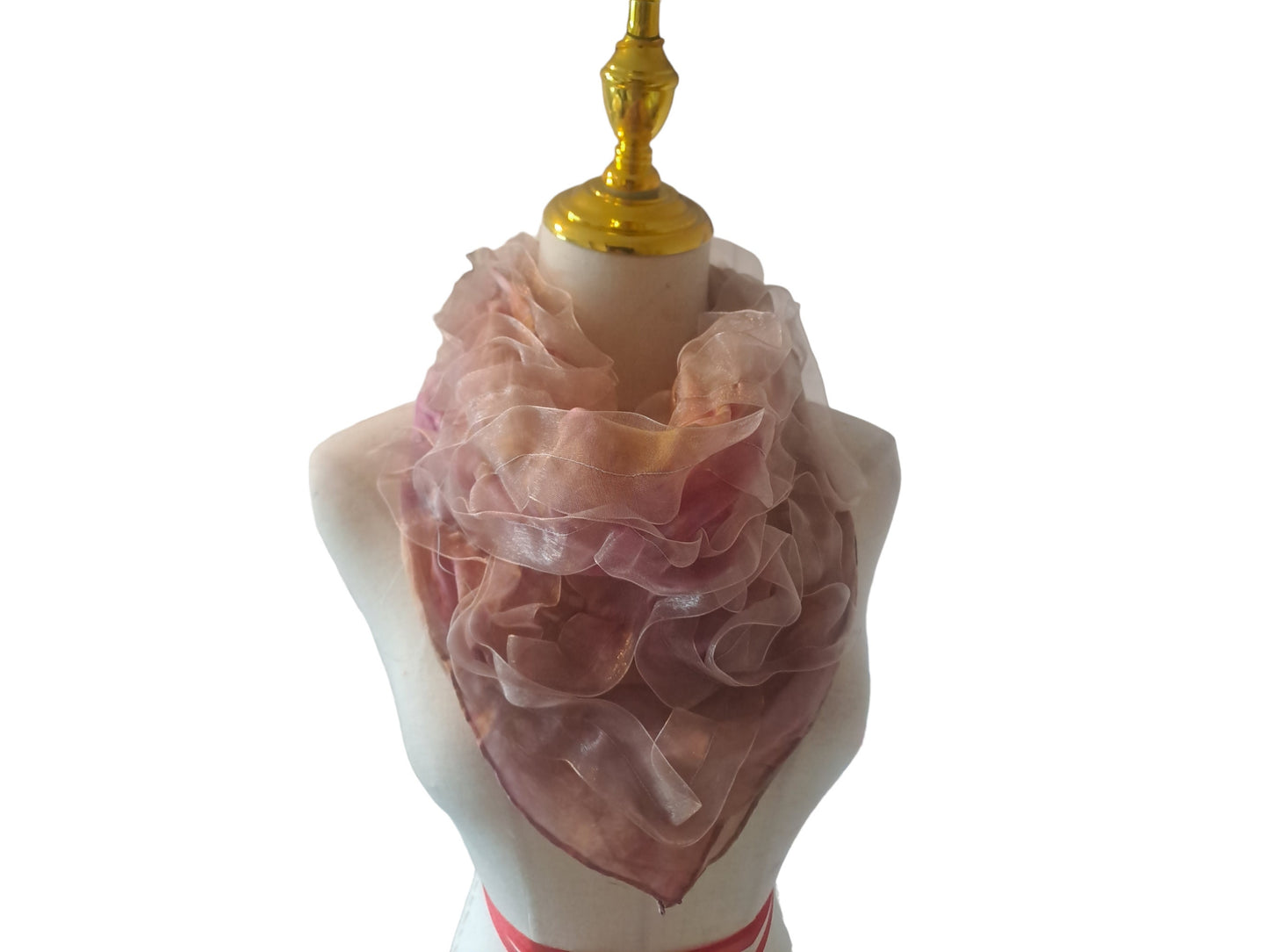 Pink Silk Scarf with Golden Ribbons, Snap Closure Neck Scarf