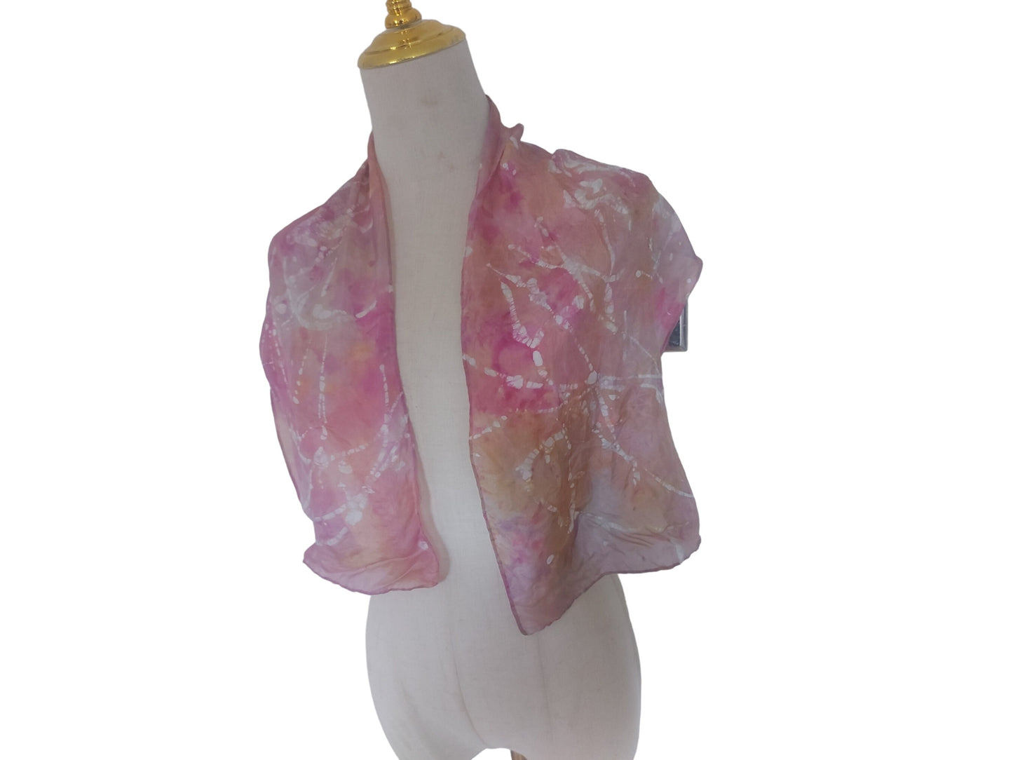 Handmade Pink & Gold Silk Scarf: Ice Dyed Batik
