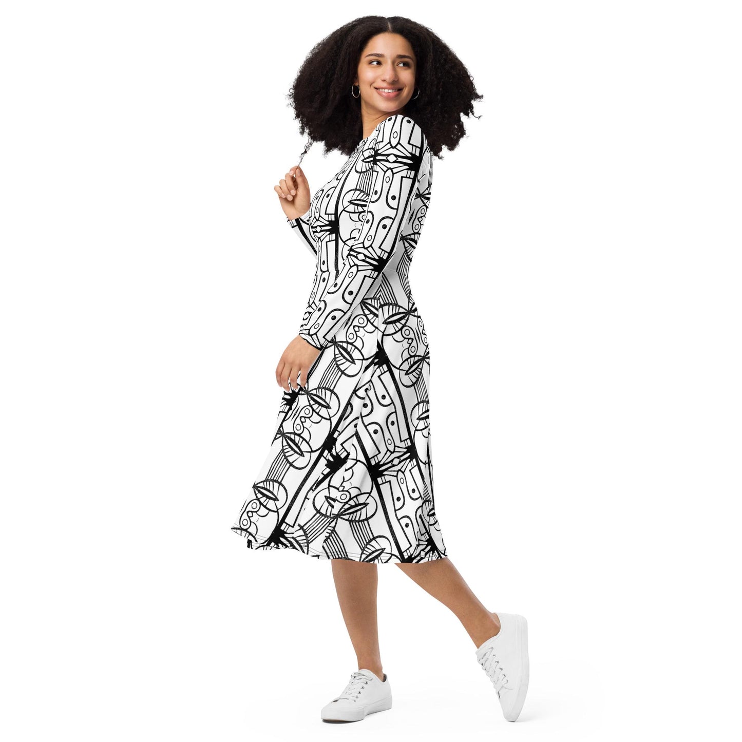 long sleeve midi dress abstract black and white print, casual dress