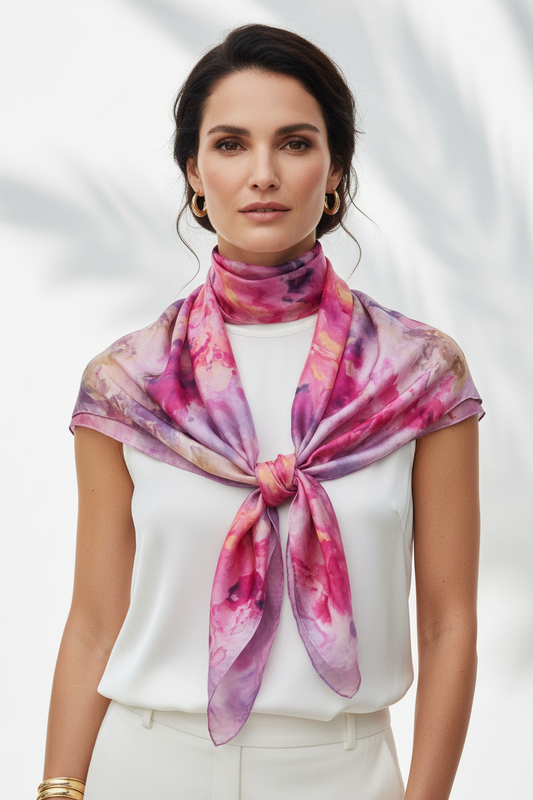 Ice-Dyed Silk Scarf: Pink, Black & Gold Wearable Art