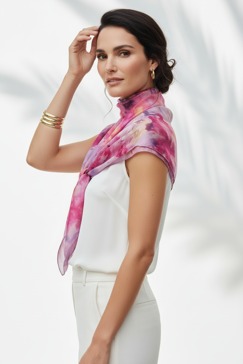 Ice-Dyed Silk Scarf: Pink, Black & Gold Wearable Art