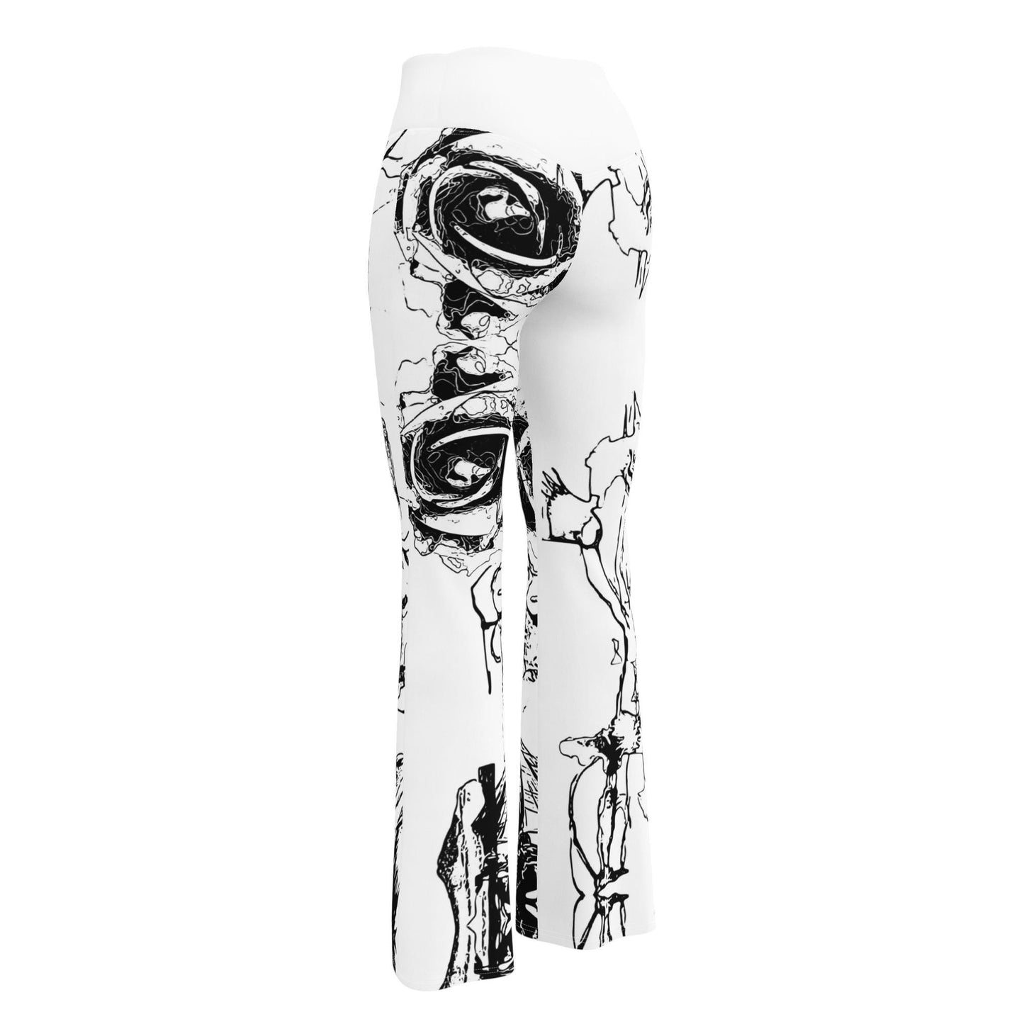 High Waisted Flare Leggings: Black & White Floral Trousers