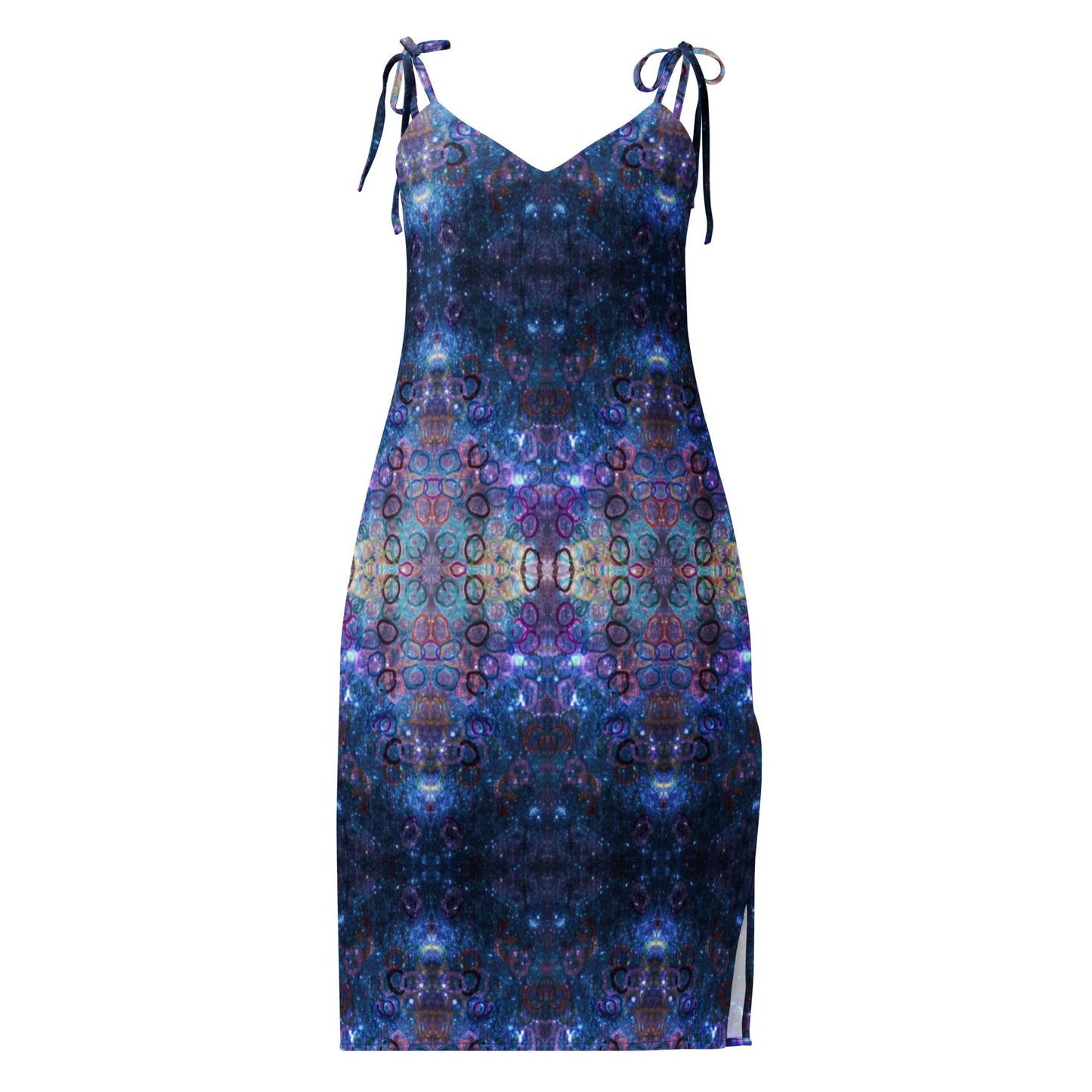 Galaxy Print Bodycon Midi Dress | Tie-Strap Polyester Chiffon