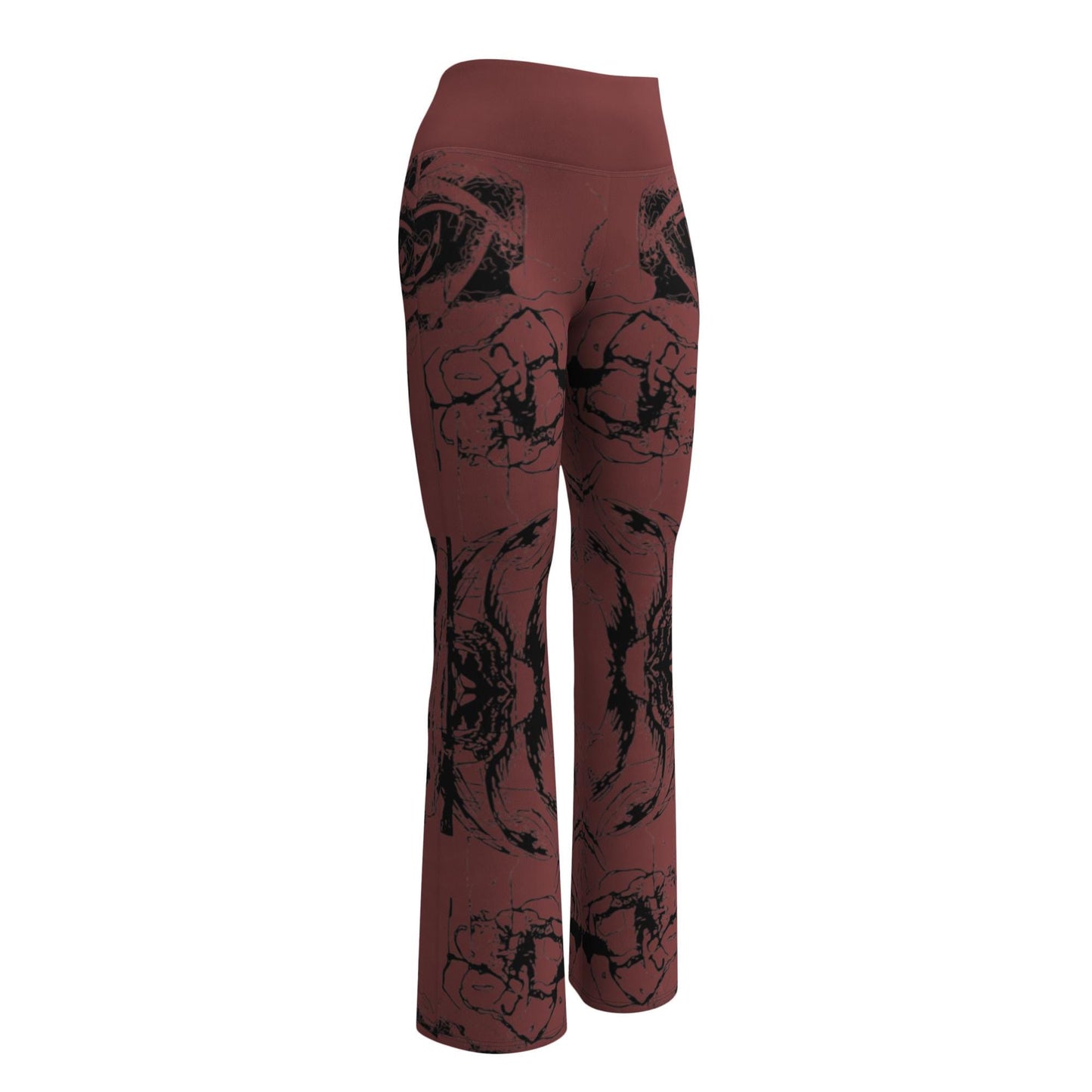Flare Leggings: Dark Brown Floral High-Waisted Trousers, Casual Fitted Wide-Leg Pants for Hipster Style