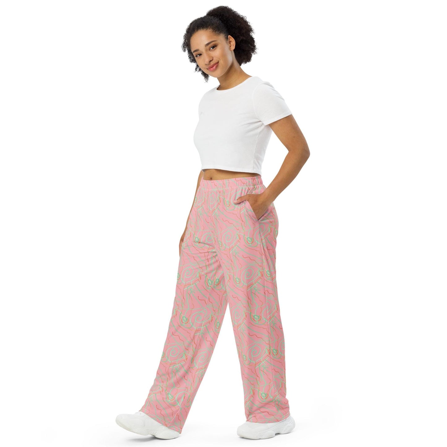 High Waisted Pastel Marble Trousers – Pink and Green Abstract Print Wide Leg Pants
