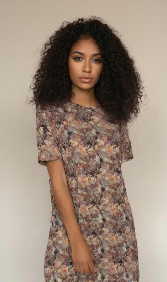 Boho Chic Abstract Print T-Shirt Dress | Earthy Tones Flowy Oversized Tee