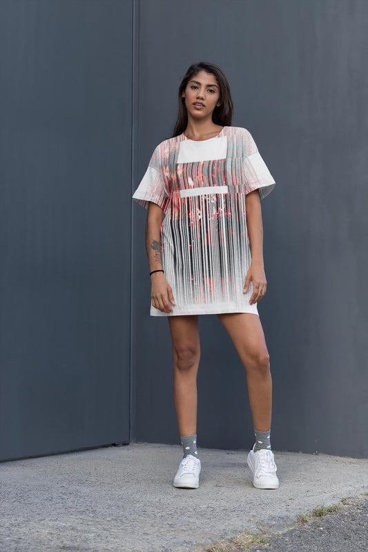 Barcode Print T-Shirt Dress: Oversized Red & White Ombré Design
