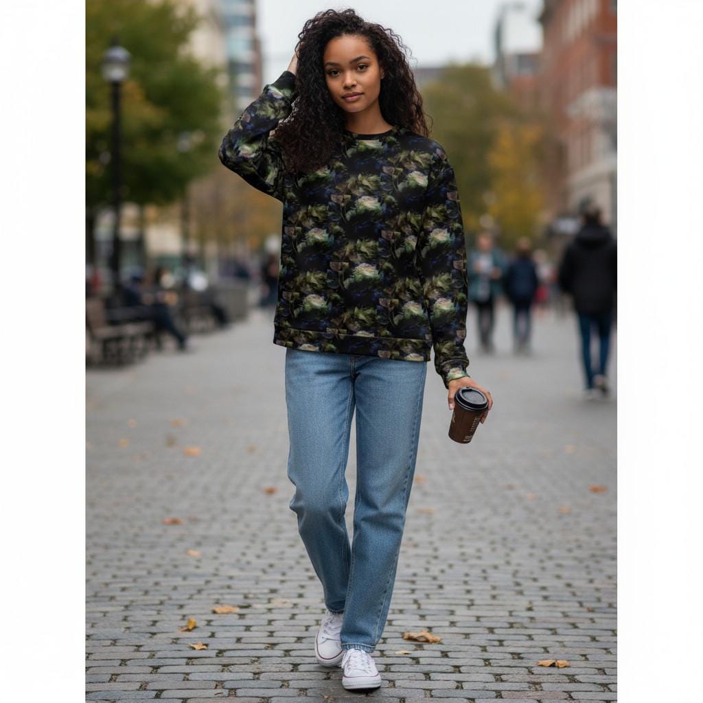 Chic Black Jumper with White Rose Floral Design