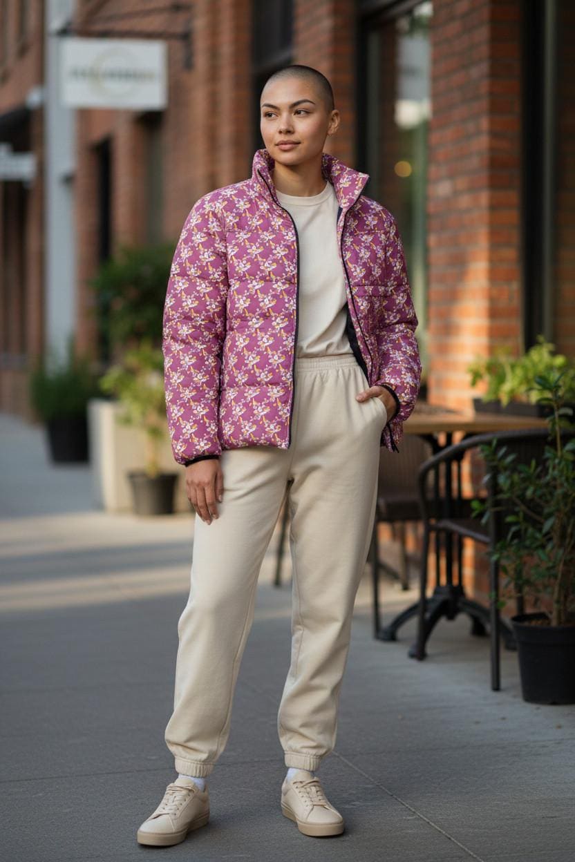 Pink Floral Pattern Puffer Jacket | All-Over Print