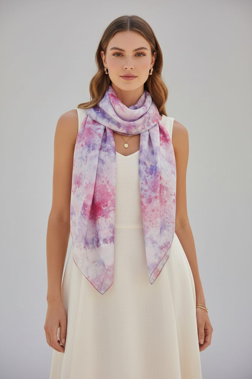 Hand-Dyed Silk Scarf: Watercolor Tie Dye Bandana - Pink & Purple