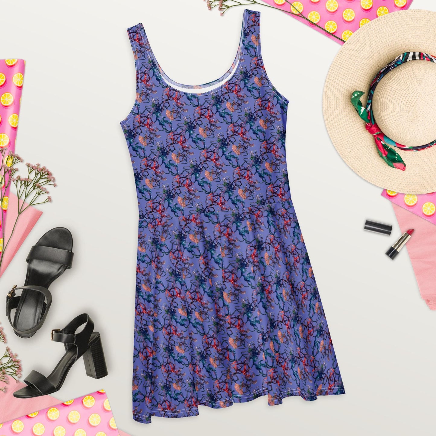 Abstract Lace Print Skater Dress: Elegant Purple Floaty Dress