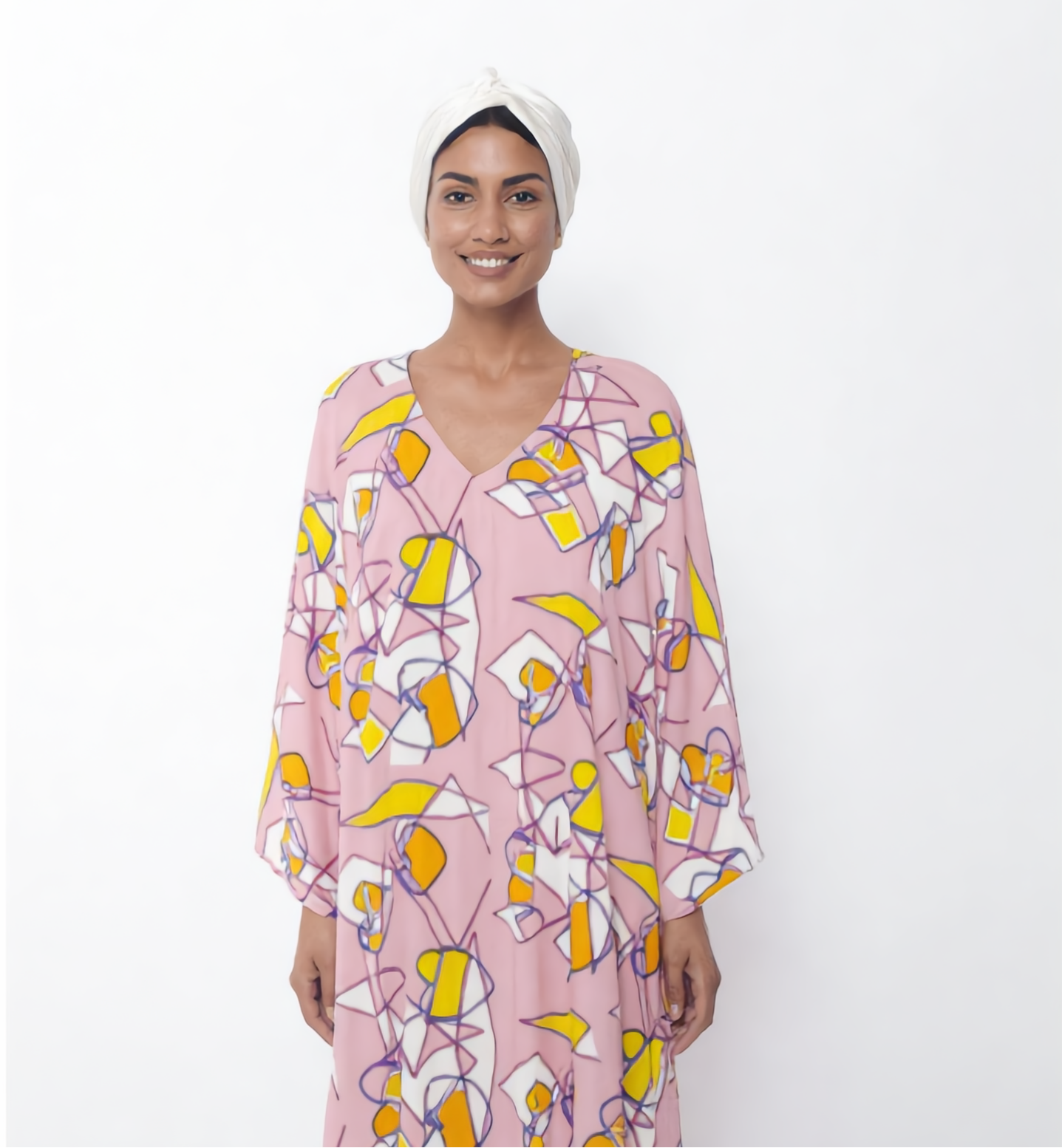 Abstract Geometric Print V-Neck Kaftan – Lavender & Citron Yellow