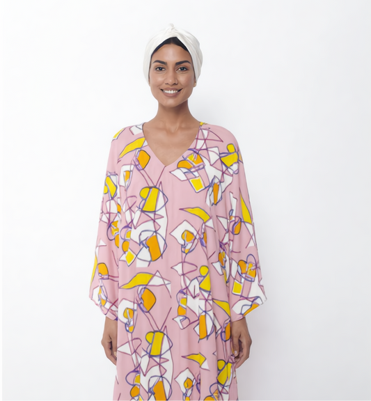 Abstract Geometric Print V-Neck Kaftan – Lavender & Citron Yellow