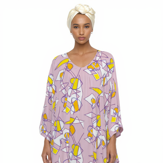 Abstract Geometric Print V-Neck Kaftan – Lavender & Citron Yellow