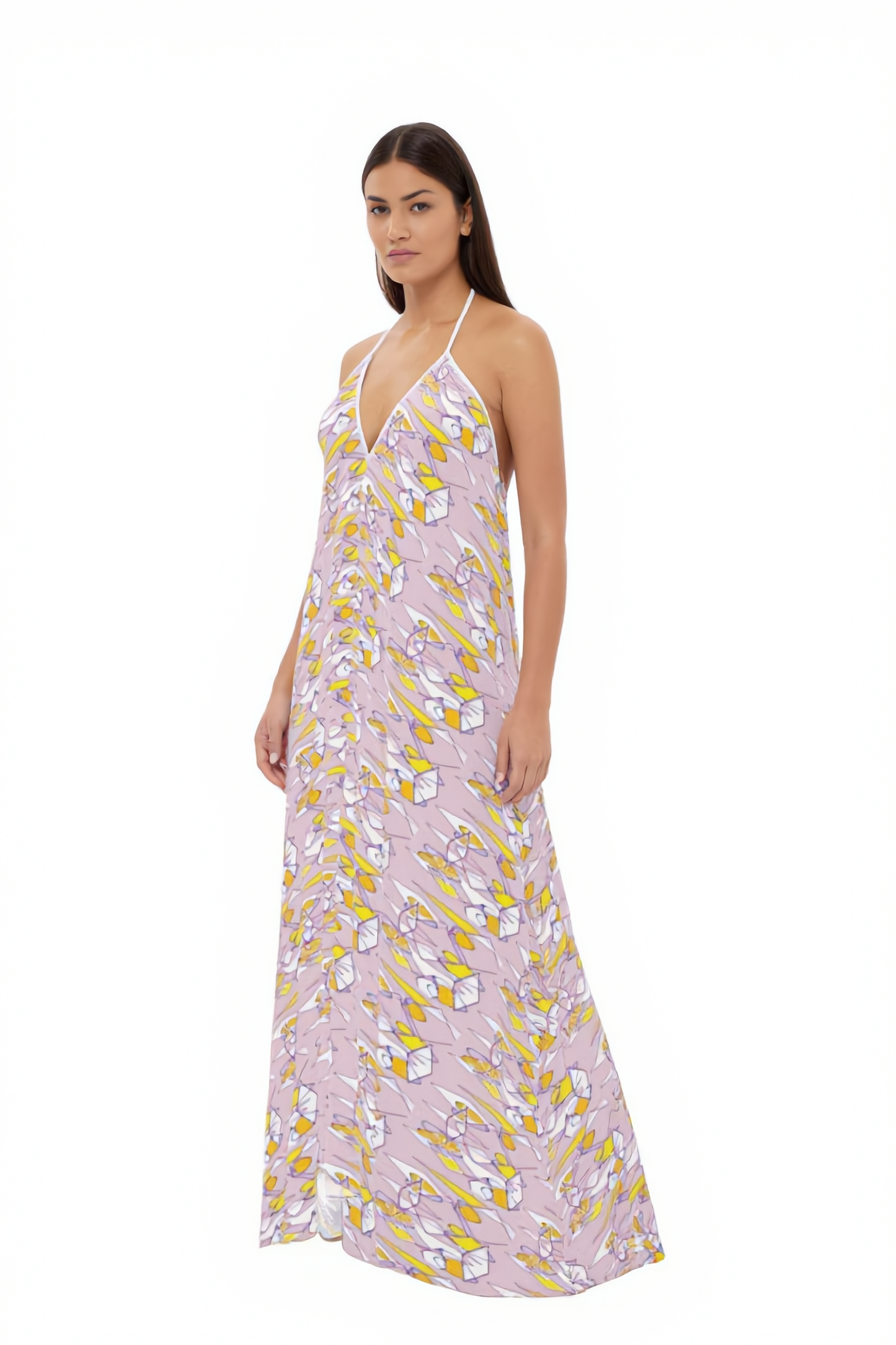 Halterneck backless dress - Lilac Graphic Print Ruffle Wrap dress