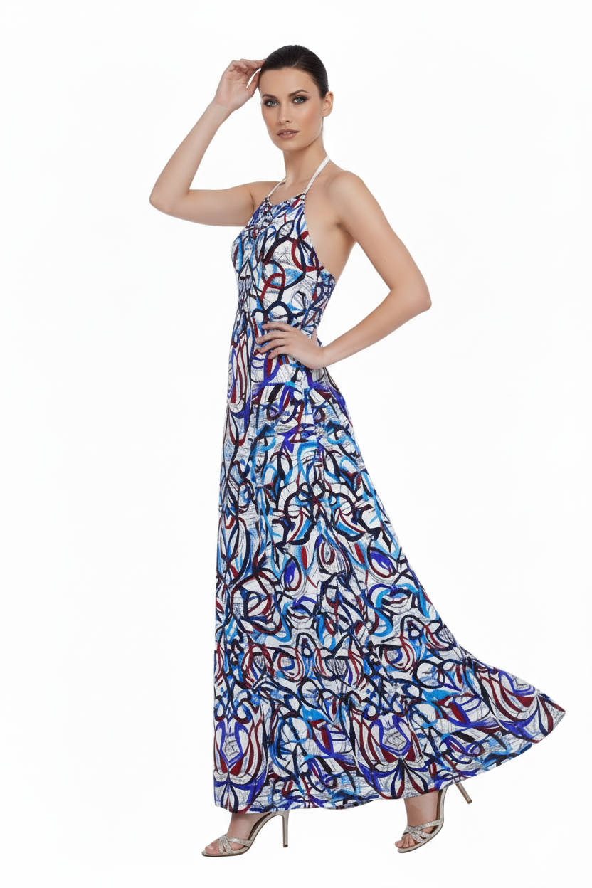 Halterneck Abstract Expressionist Halter backless Maxi Dress