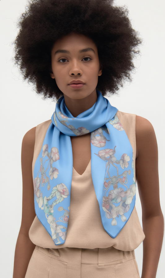 Floral Blue Silk-Feel Scarf — Romantic Vintage Blossom Print