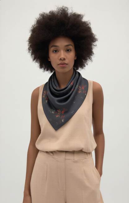 Floral Moonlight Scarf — Dark Botanical Print Poly Scarf