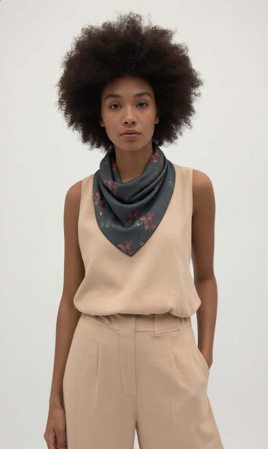Floral Moonlight Scarf — Dark Botanical Print Poly Scarf