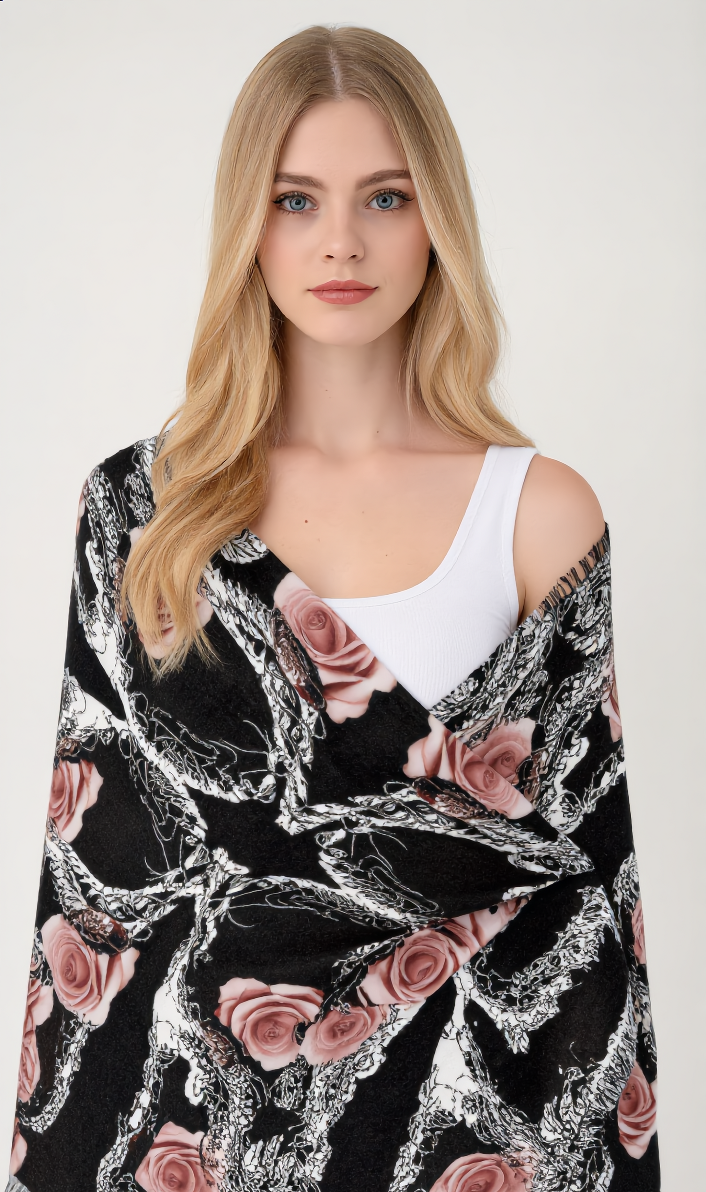 Rose & Snake Pattern Lightweight Scarf — Black Floral Gothic Wrap