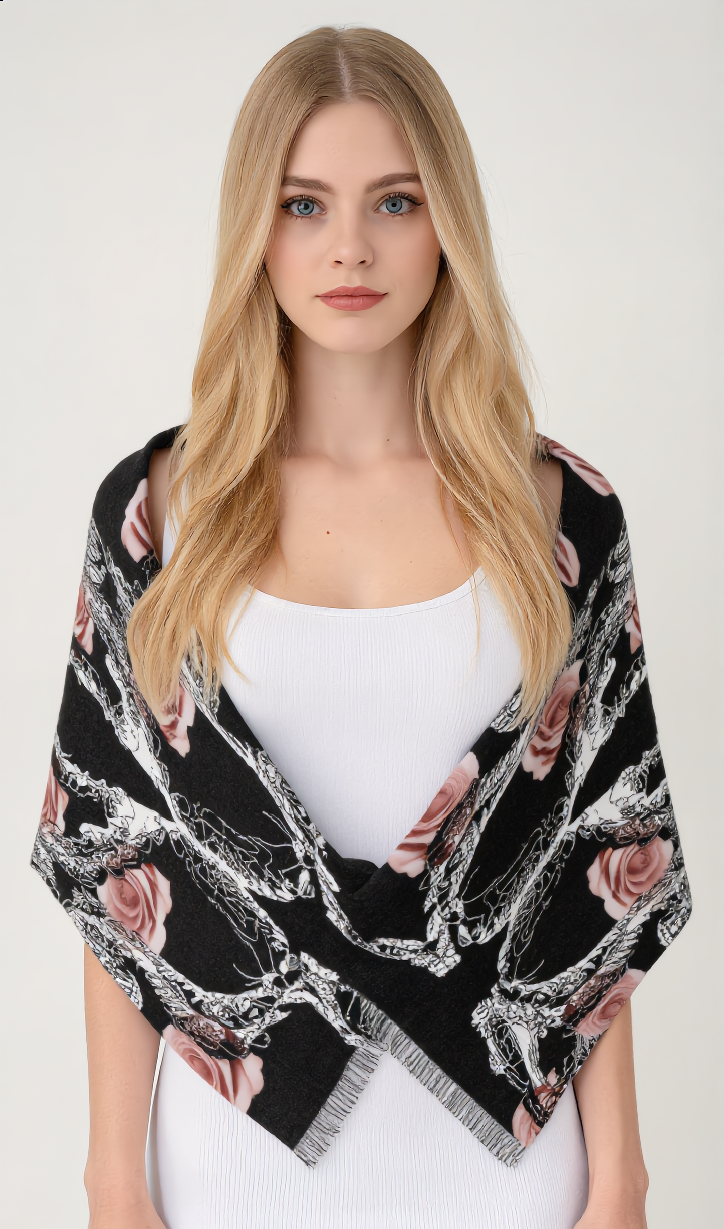 Rose & Snake Pattern Lightweight Scarf — Black Floral Gothic Wrap