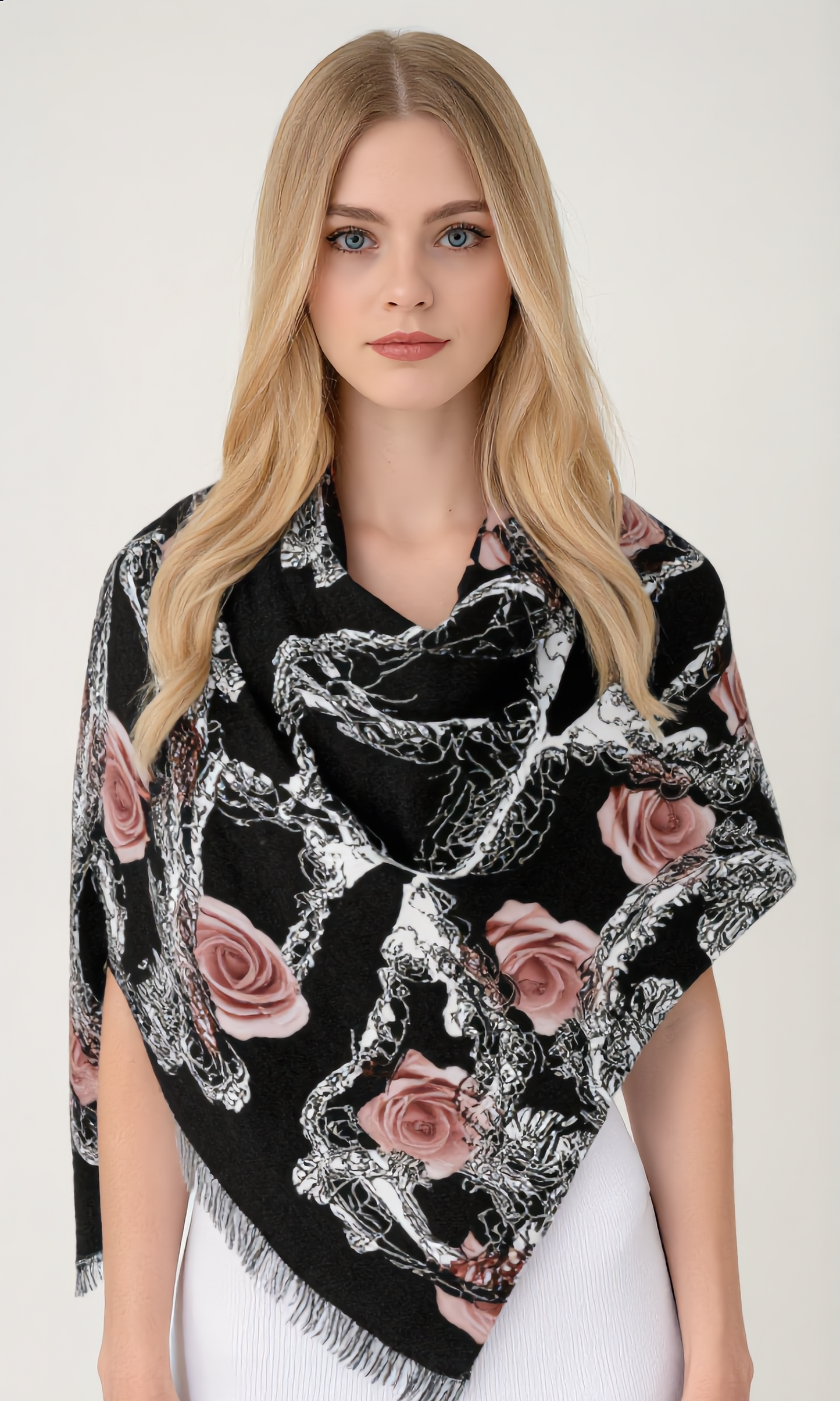 Rose & Snake Pattern Lightweight Scarf — Black Floral Gothic Wrap