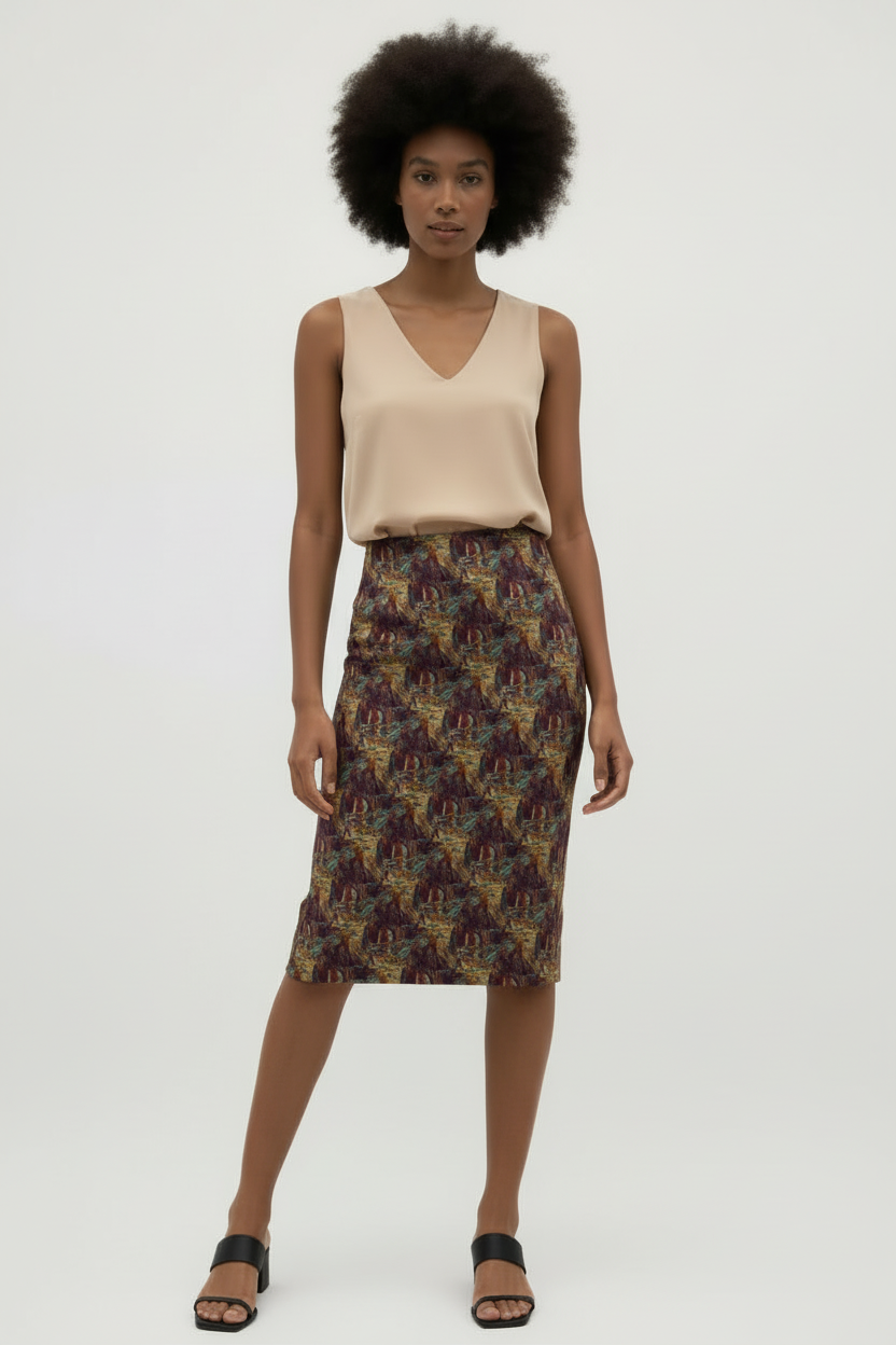 Autumnal Abstract Pencil Skirt — Earthy Boho Print