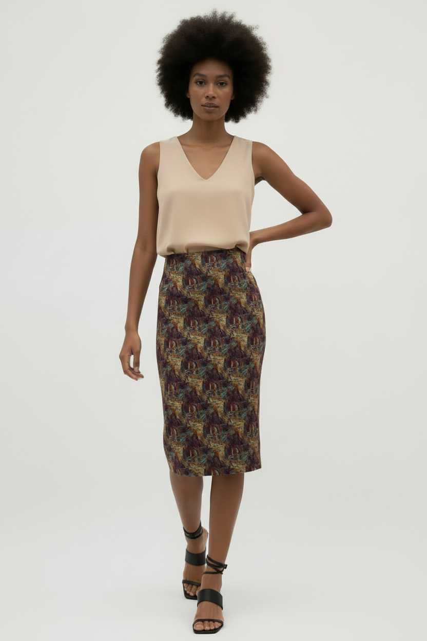 Autumnal Abstract Pencil Skirt — Earthy Boho Print