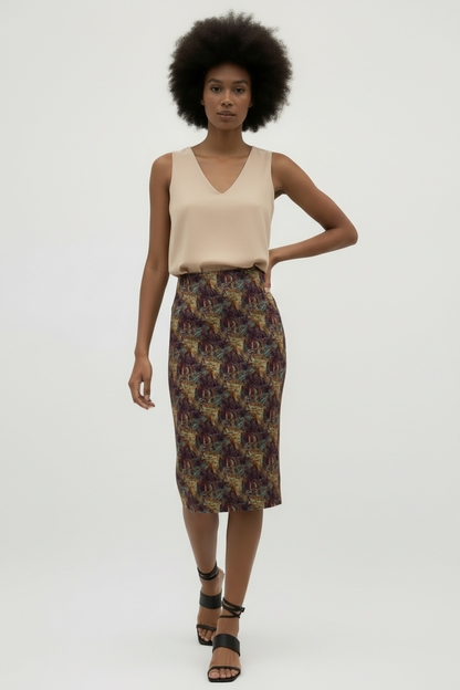 Autumnal Abstract Pencil Skirt — Earthy Boho Print