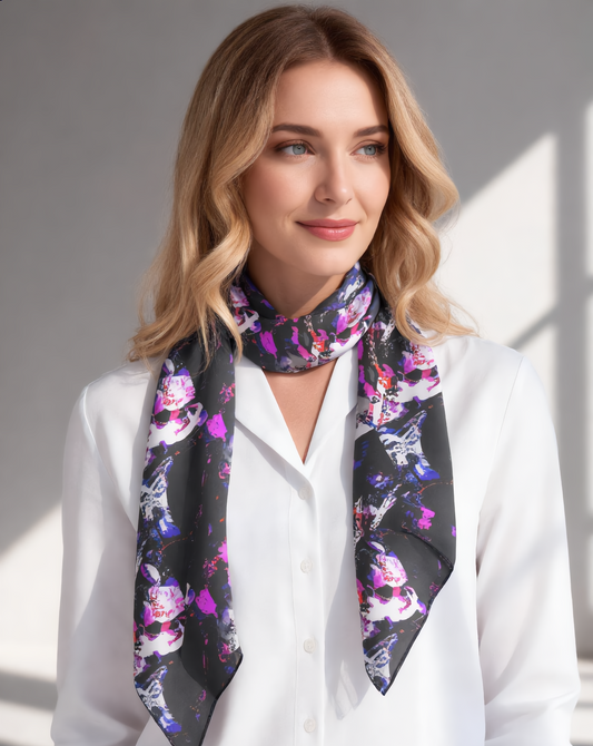 Silky Floral Skull Scarf — Dark Purple Rose Pattern