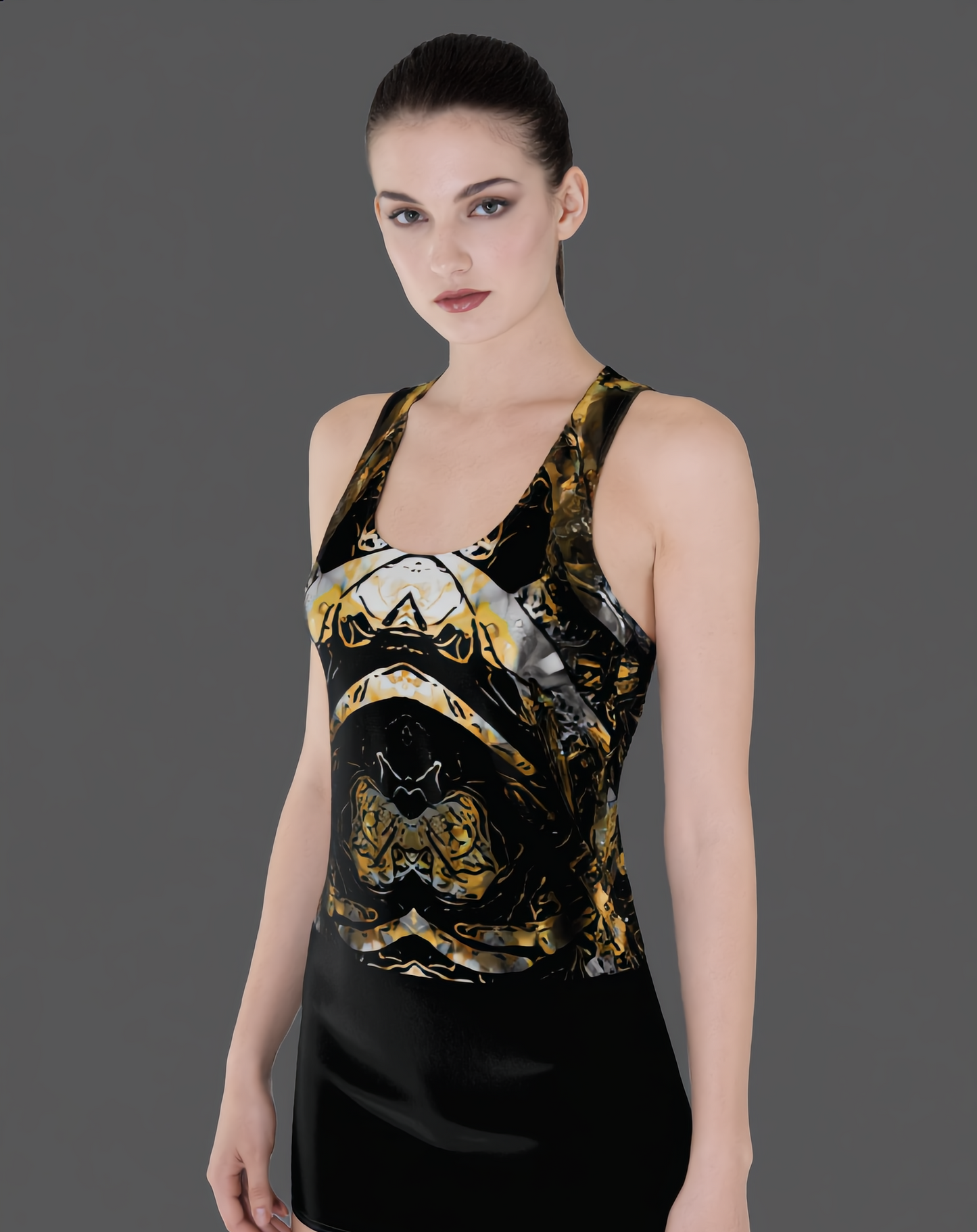 Abstract Gold & Black Racerback Dress – Symmetrical Marbled AOP