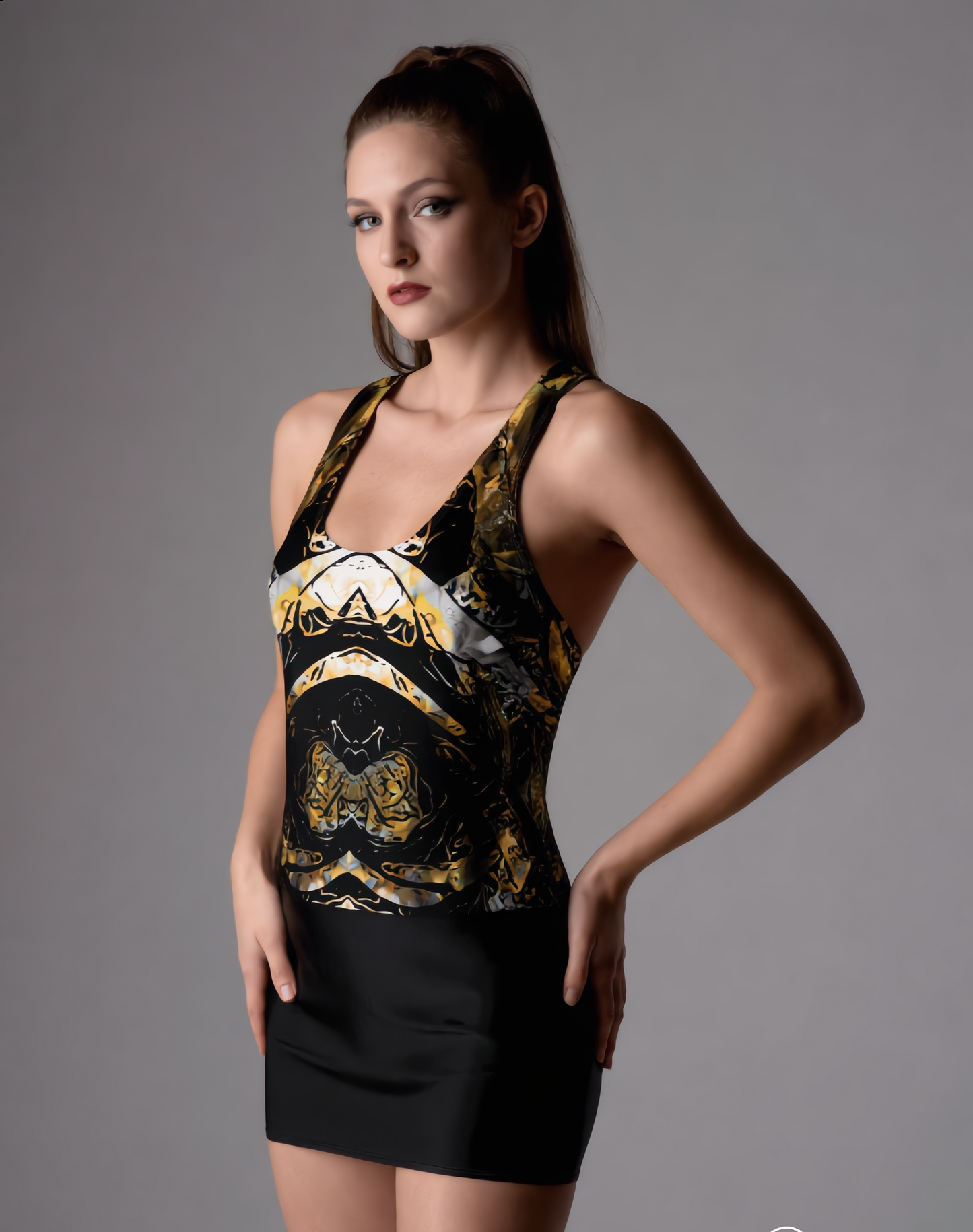 Abstract Gold & Black Racerback Dress – Symmetrical Marbled AOP