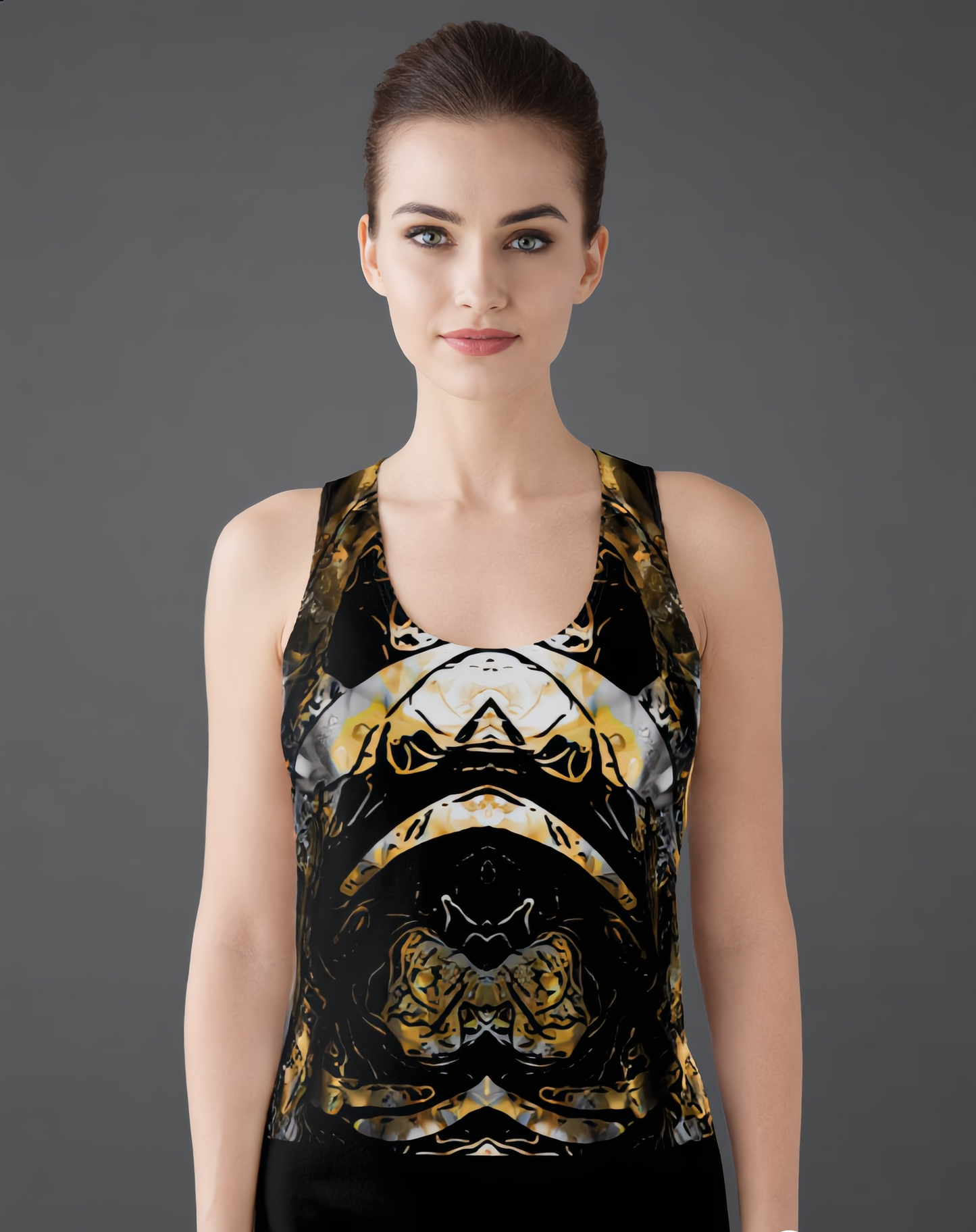 Abstract Gold & Black Racerback Dress – Symmetrical Marbled AOP