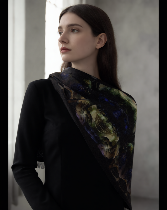 Dark Floral Lightweight Scarf — Subtle Abstract Garden Print