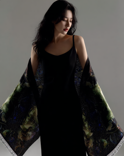 Dark Floral Lightweight Scarf — Subtle Abstract Garden Print
