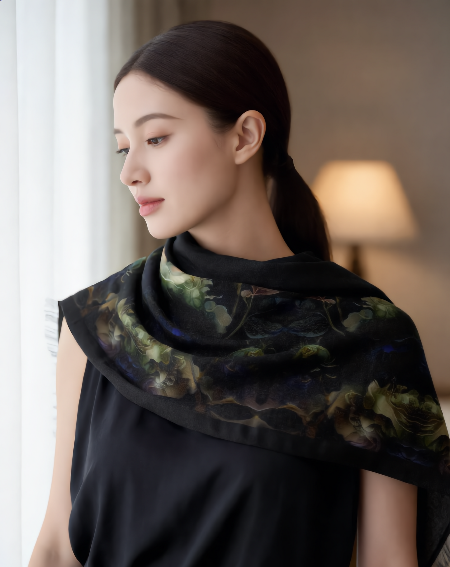 Dark Floral Lightweight Scarf — Subtle Abstract Garden Print