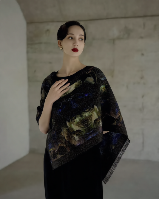 Dark Floral Lightweight Scarf — Subtle Abstract Garden Print