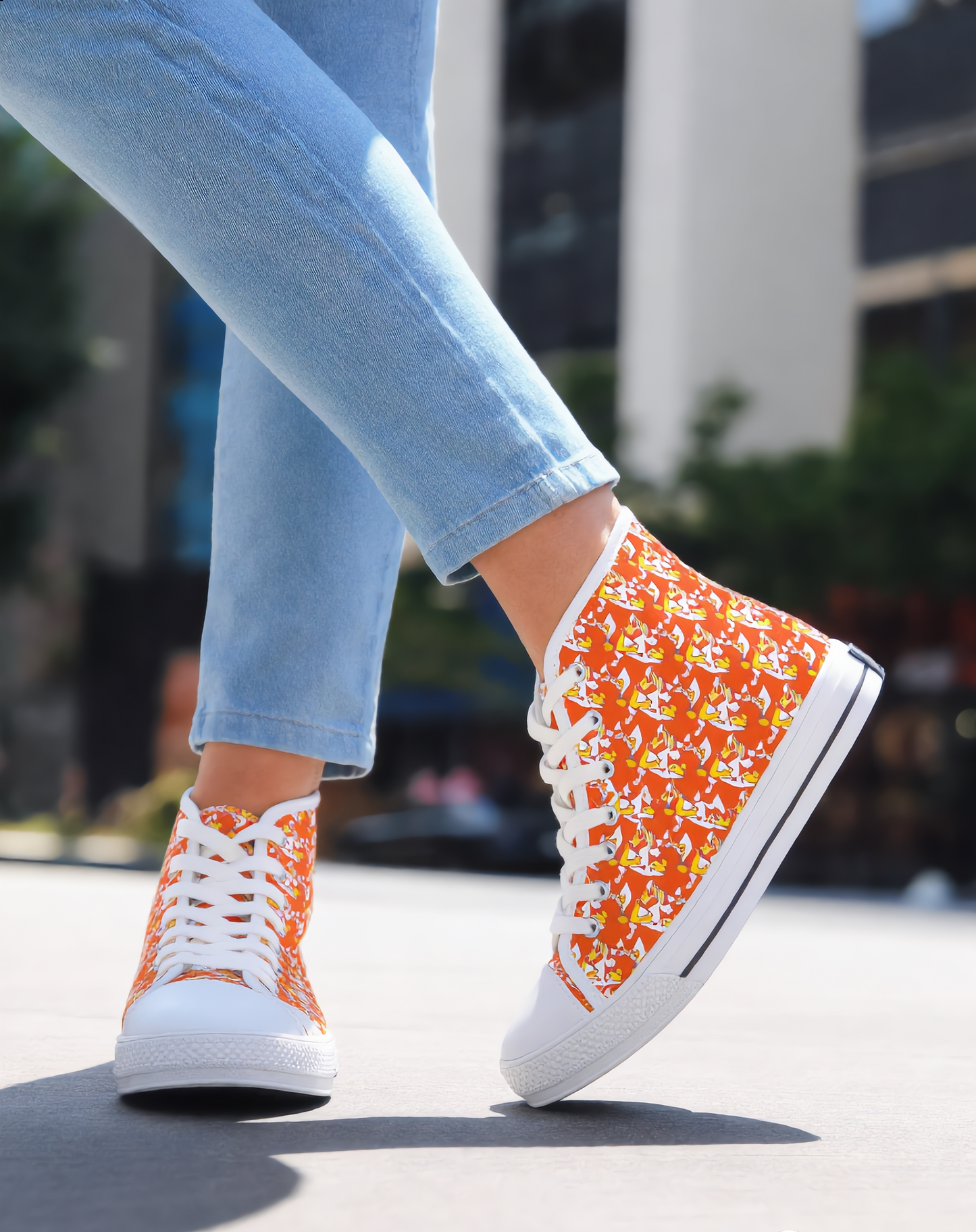 Orange Floral High-Top Sneakers — Women's Patterned Canvas Shoes