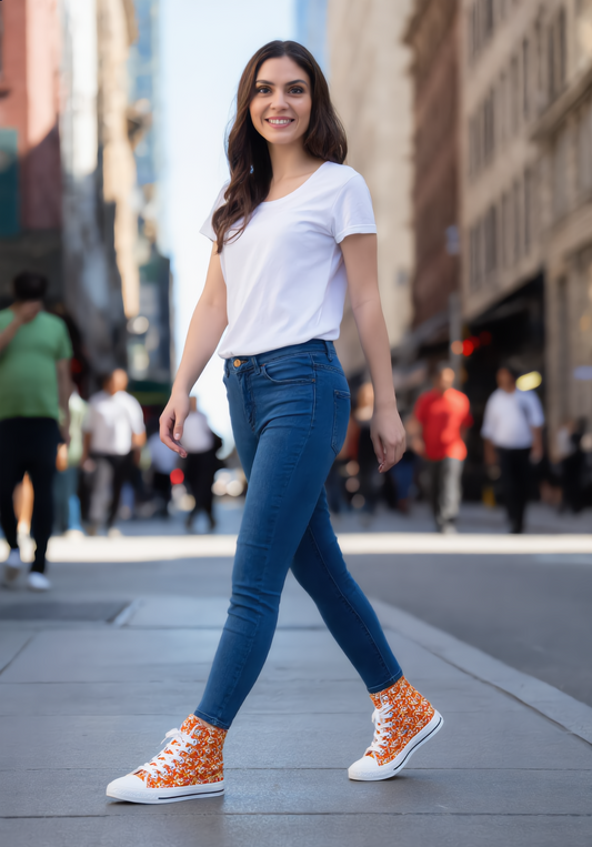 Orange Floral High-Top Sneakers — Women's Patterned Canvas Shoes