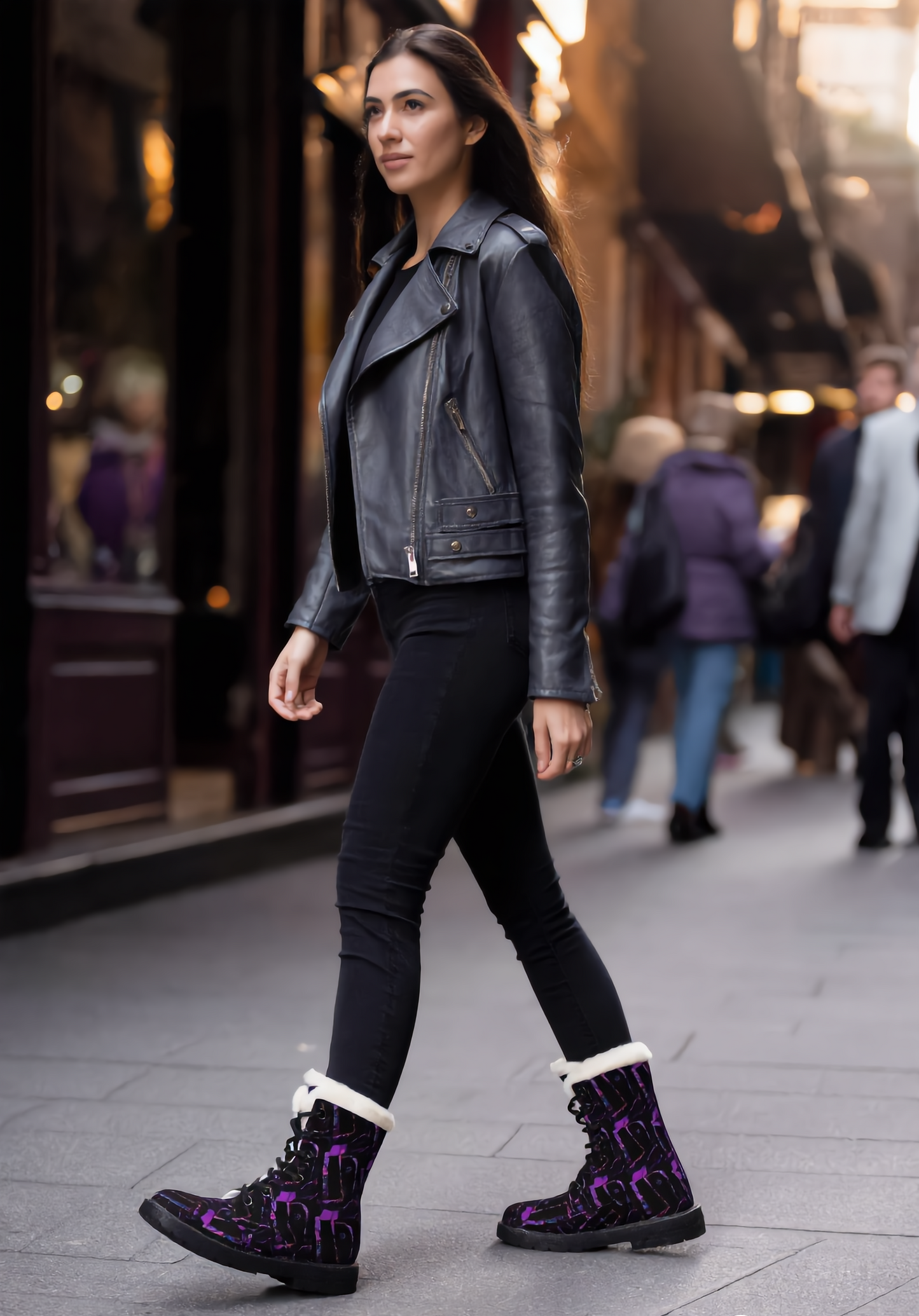 Purple Graffiti Fur-Lined Leather Boots — Women's Cozy Winter Combat Style