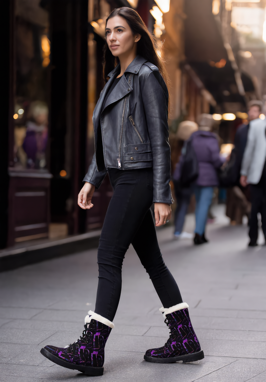 Purple Graffiti Fur-Lined Leather Boots — Women's Cozy Winter Combat Style
