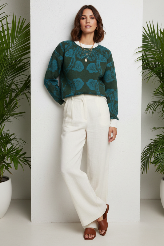 Floral Knit Jumper – Deep Green Soft-Touch Sweater