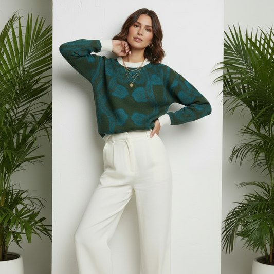 Floral Knit Jumper – Deep Green Soft-Touch Sweater