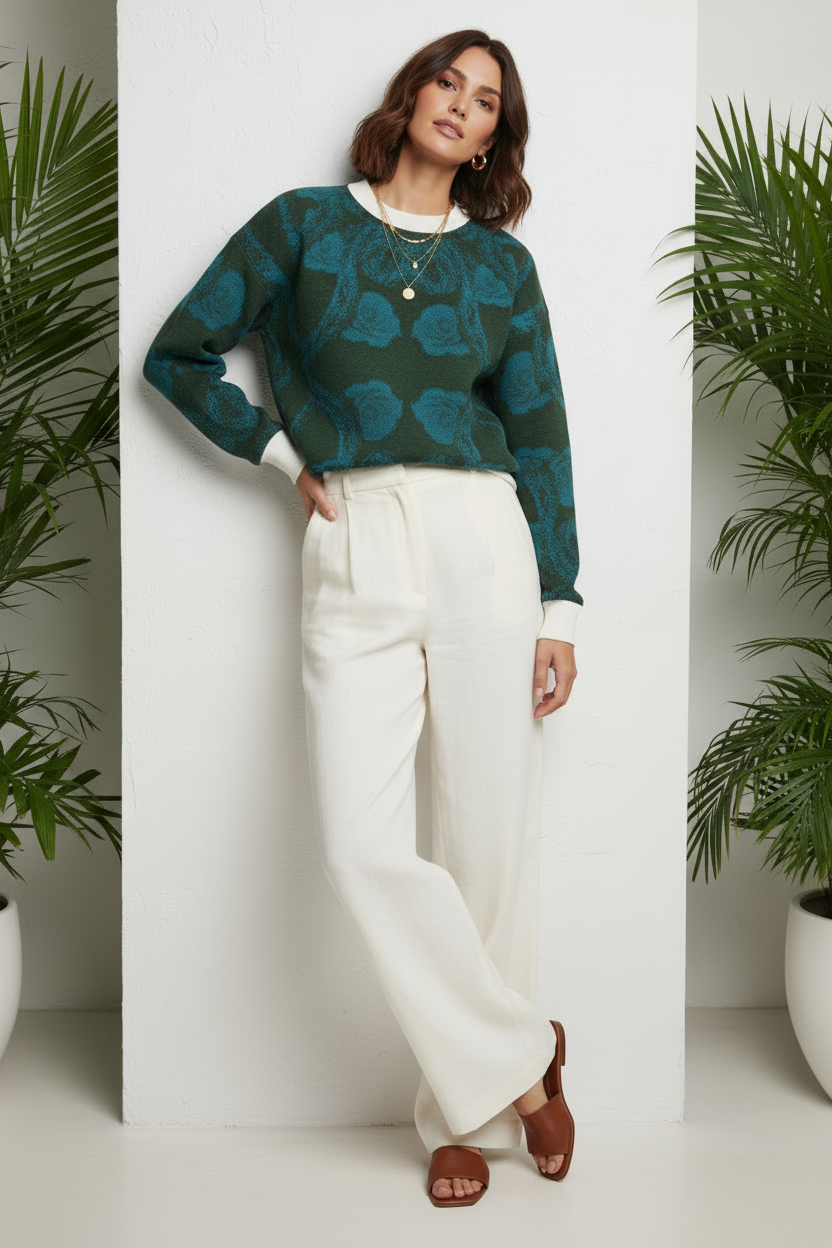 Floral Knit Jumper – Deep Green Soft-Touch Sweater