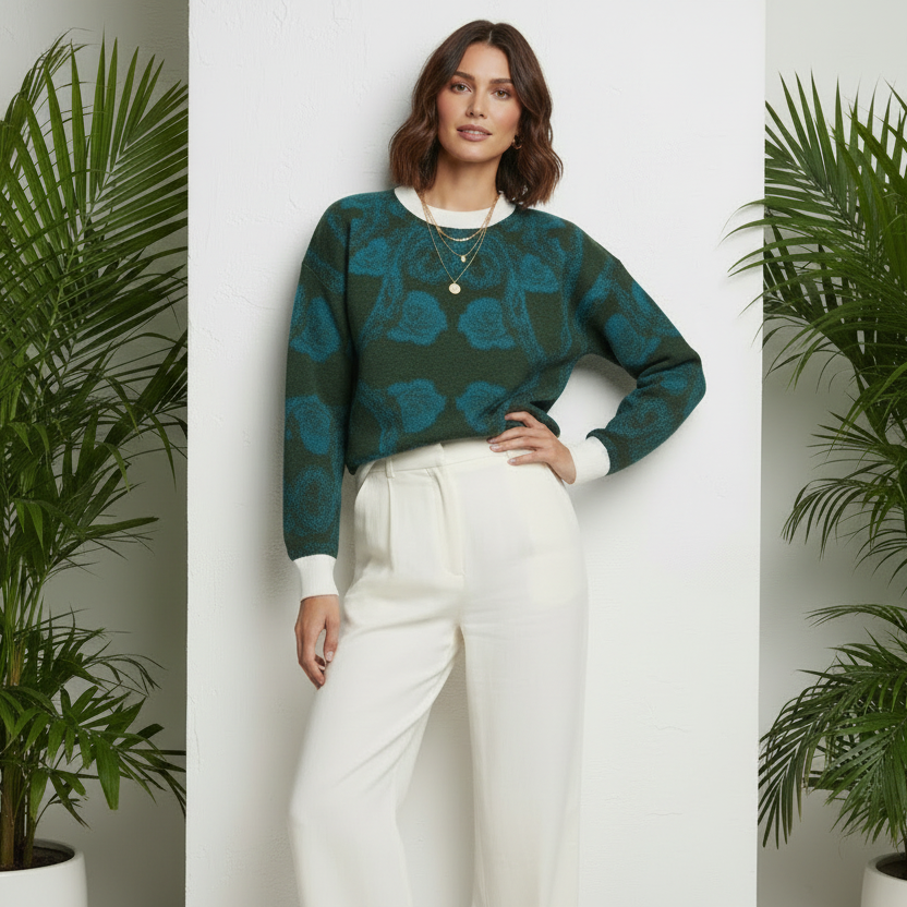 Floral Knit Jumper – Deep Green Soft-Touch Sweater